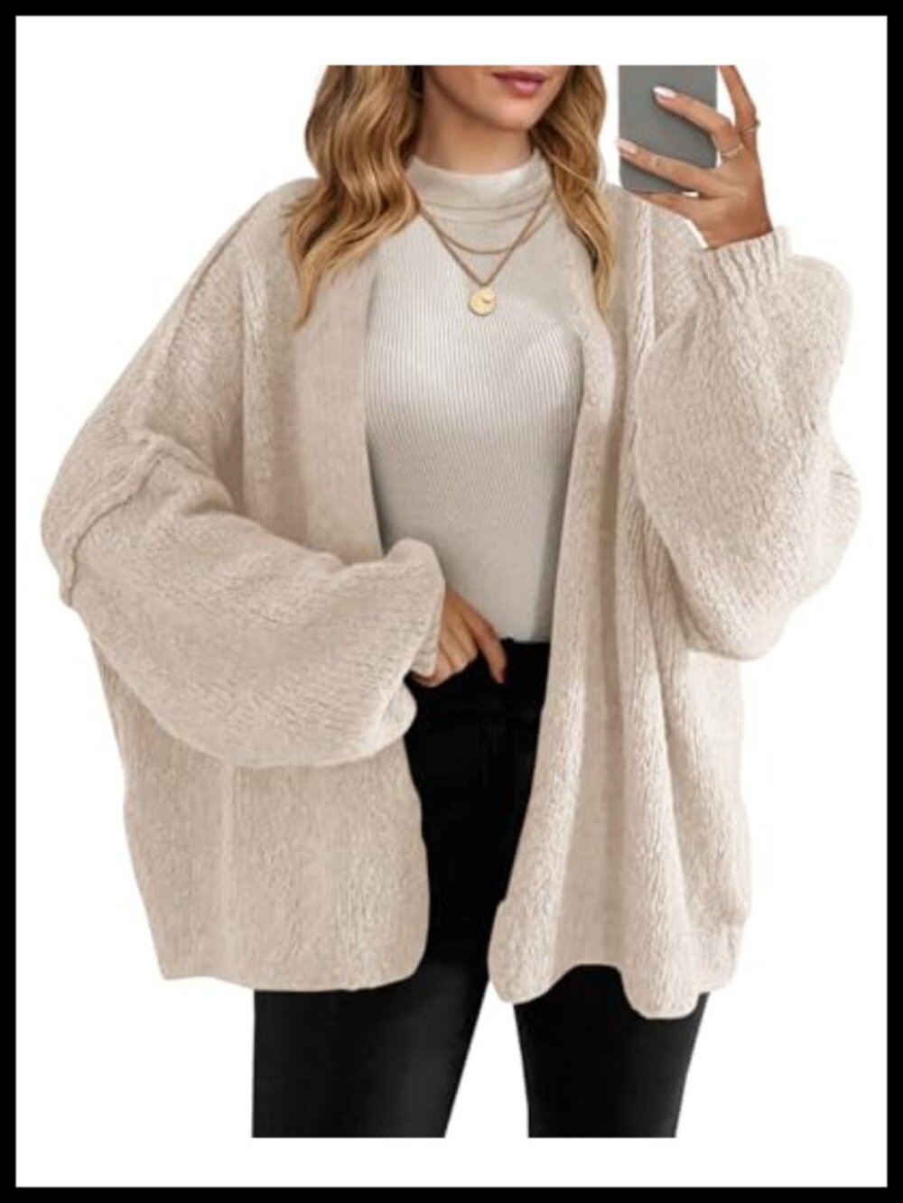 Oversized Open Front Chunky Knit Cardigan Lantern Sleeve Loose Fit